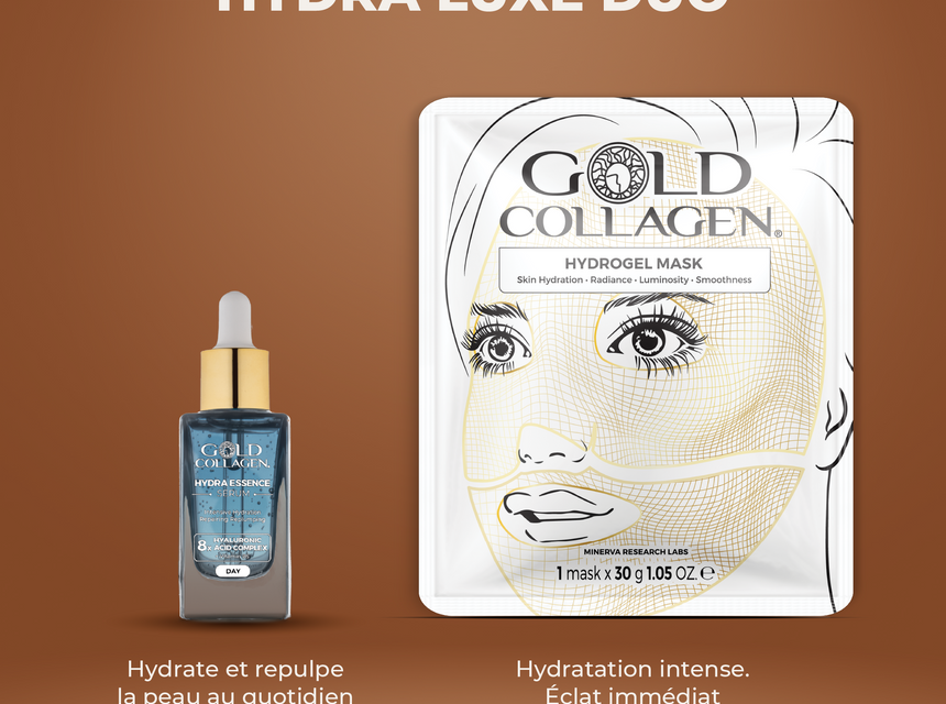 Image of Gold Collagen's Hydra Essence Serum in a blue glass bottle with stopper and Gold Collagen Hydrogel Mask Sachet