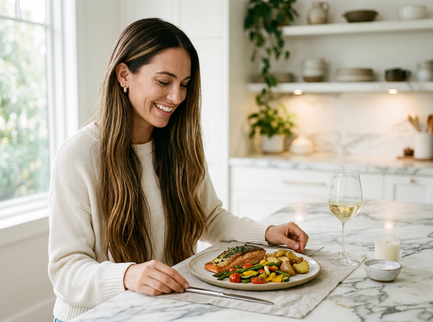 AI generated image of an attractive woman with long brown hair eating a balanced meal of salmon, sautéed vegetables and roasted potatoes