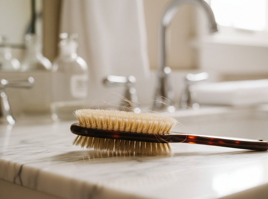 Hairbrush on top of elegant marble top bathroom sink, with hair fallout on brush