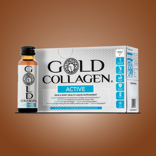 Gold Collagen Active supplement packaging on a brown background