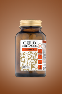 Gold Collagen supplement bottle on a brown background