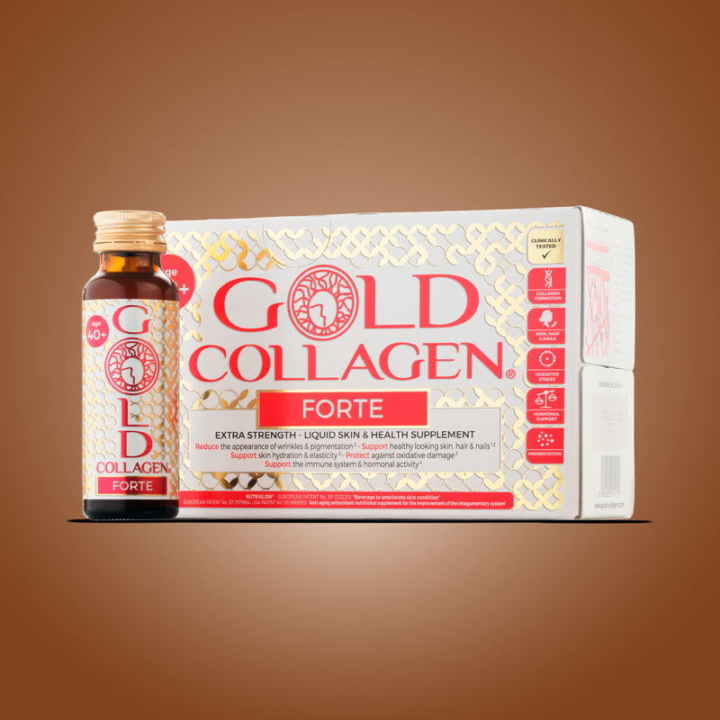 Gold Collagen Forte supplement bottle and packaging on a brown background