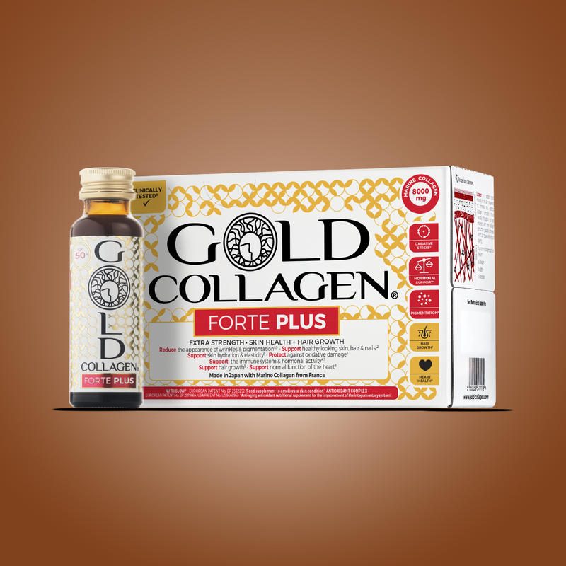Gold Collagen Forte Plus packaging on a brown background