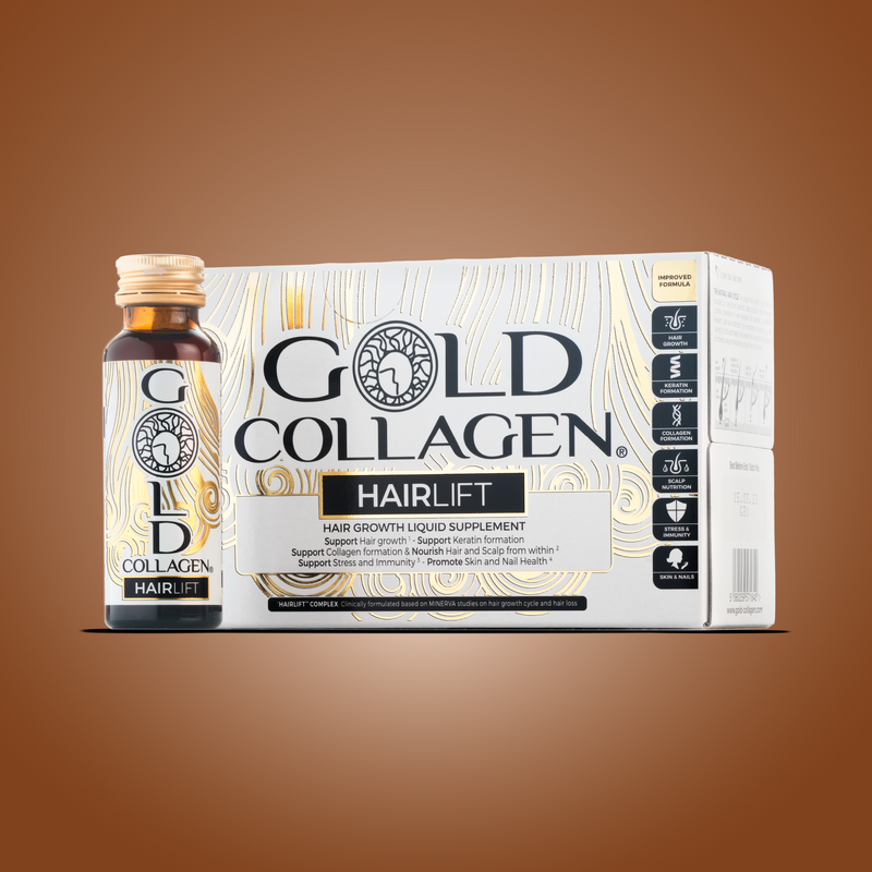 Gold Collagen HairLift supplement packaging on a brown background