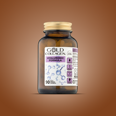 Gold Collagen hyaluronic formula supplement bottle on a brown background