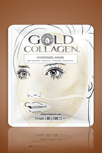 Gold Collagen hydrogel mask packaging on a brown background