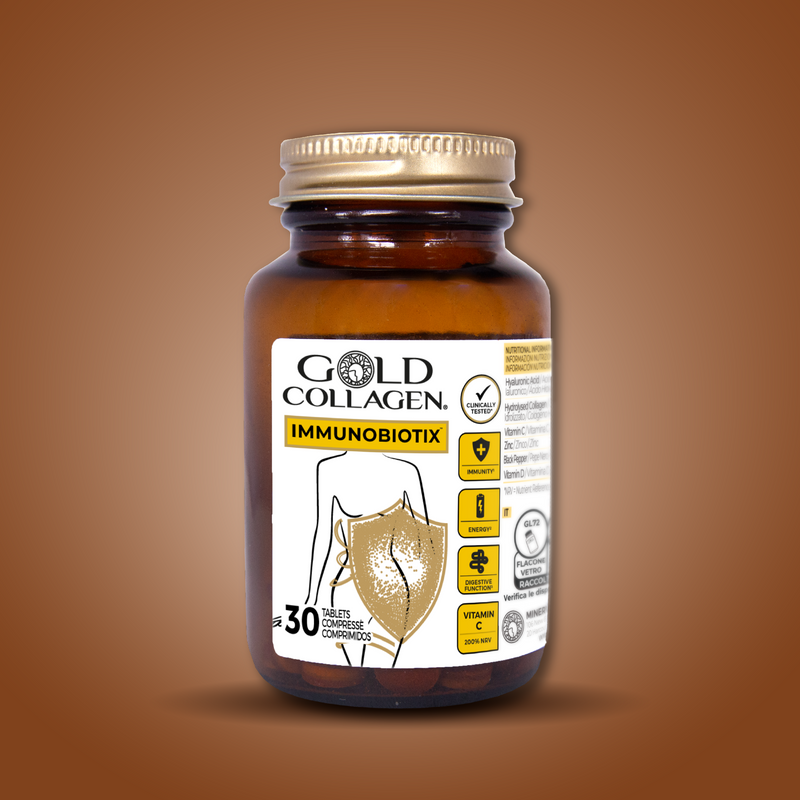 Gold Collagen Immunobiotix supplement bottle on a brown background
