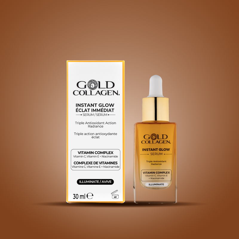 Gold Collagen Instant Glow serum packaging on a brown background