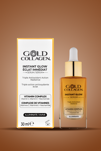 Gold Collagen Instant Glow serum packaging on a brown background