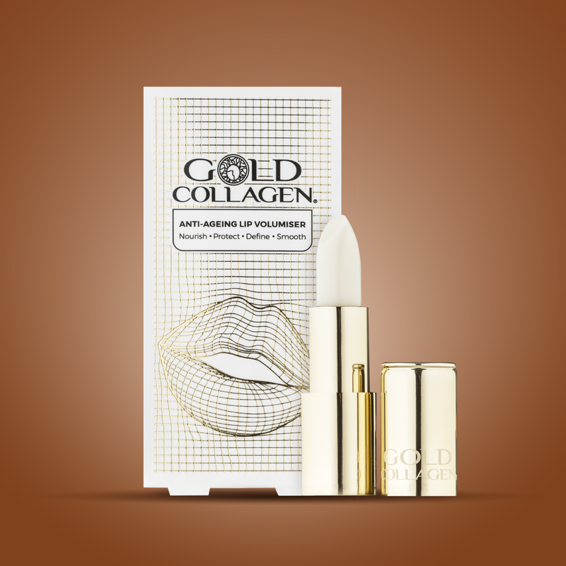 Gold Collagen lip volumiser with packaging on a brown background