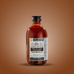 Bottle of Gold Collagen multivitamin hair growth supplement on a brown background