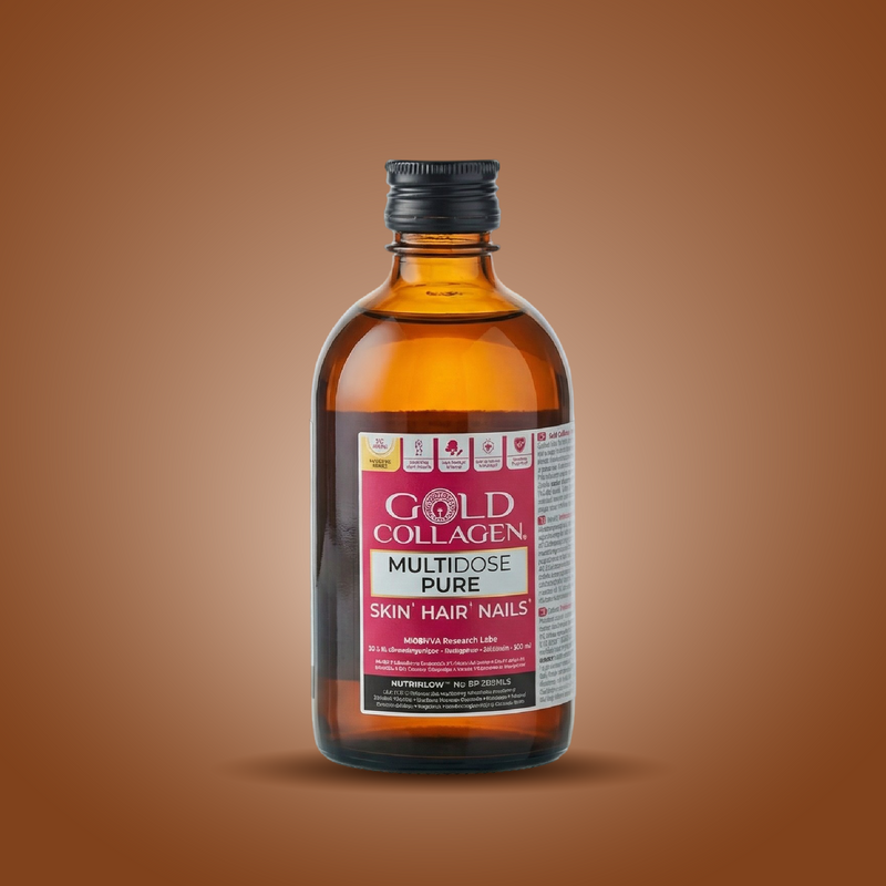 Bottle of Gold Collagen multivitamin supplement on a brown background