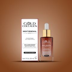 Gold Collagen Night Renewal Serum packaging and bottle on a brown background