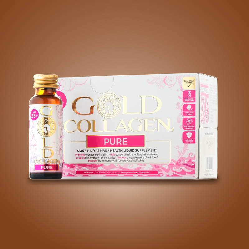 Gold Collagen Pure supplement bottle and packaging on a brown background