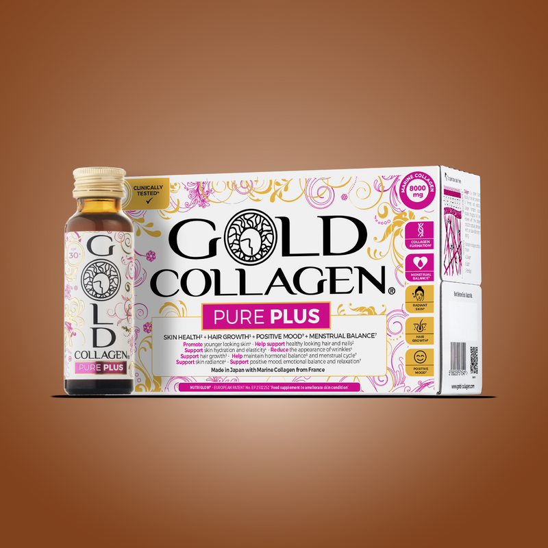 Gold Collagen Pure Plus packaging on a brown background