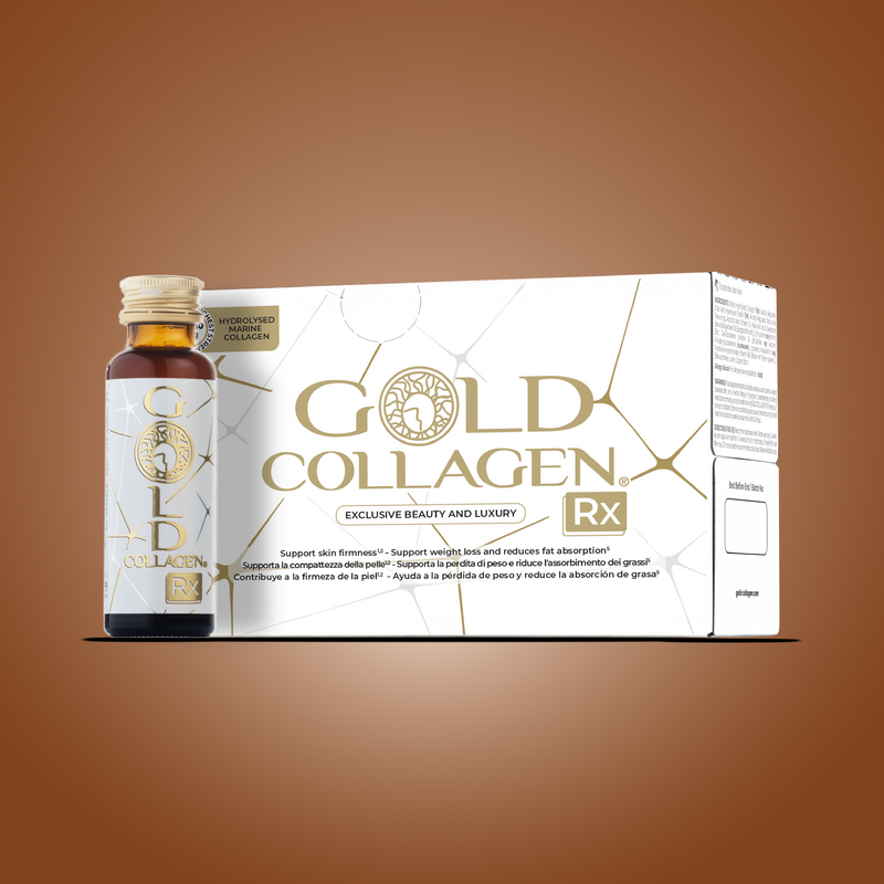 Gold Collagen Rx packaging with a bottle on a gradient brown background