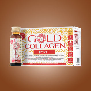 Gold Collagen Forte packaging on a brown background