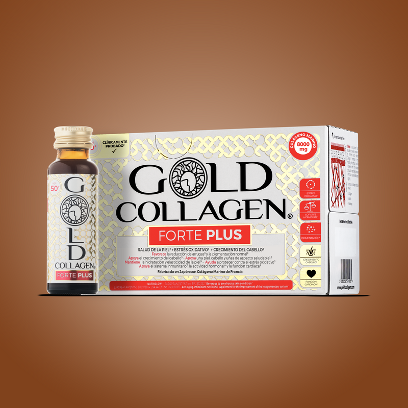 Gold Collagen Forte Plus packaging with a bottle on a brown background