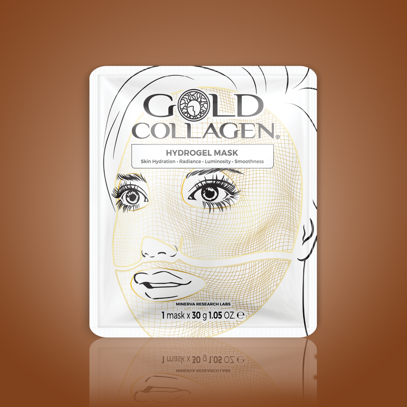 Gold Collagen hydrogel mask packaging on a brown background