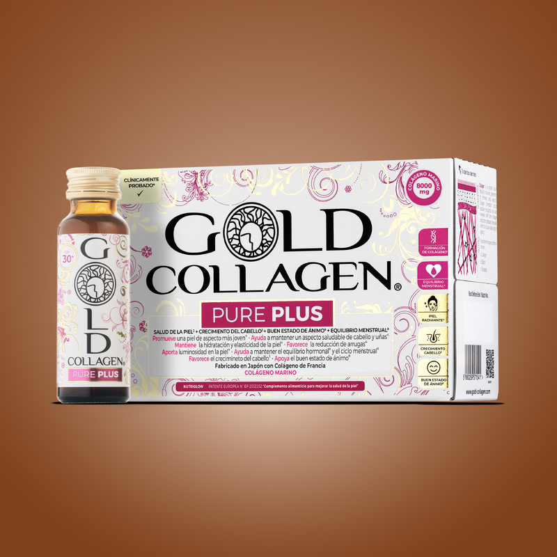 Gold Collagen Pure Plus packaging on a brown background