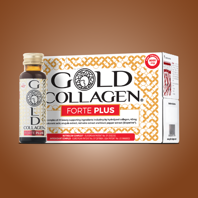 Gold Collagen Forte Plus packaging with a brown background