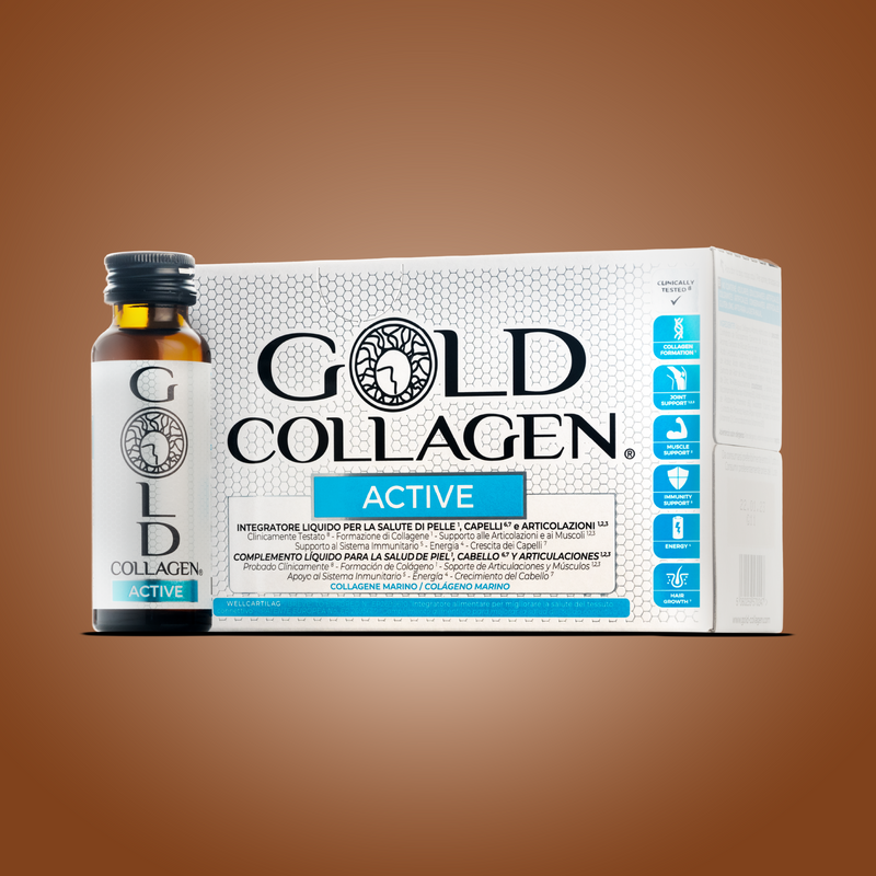 Gold Collagen Active packaging with a brown background