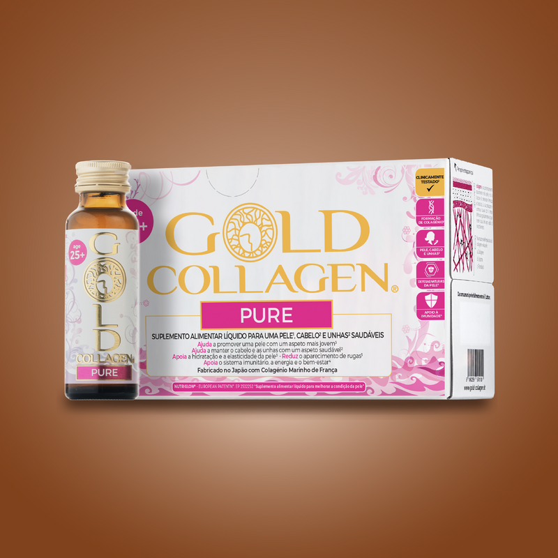 Gold Collagen Pure packaging with a bottle on a brown background