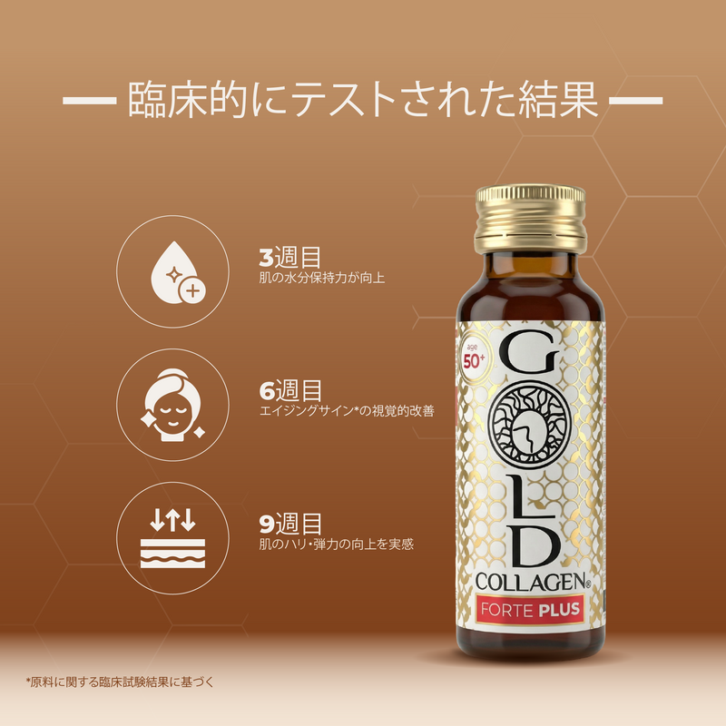 Bottle of Gold Collagen Forte Plus on a brown background with text and icons.