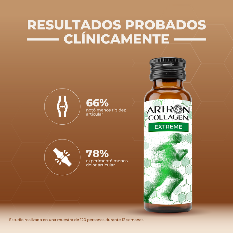 Artron Collagen Extreme bottle with clinical results on a brown background