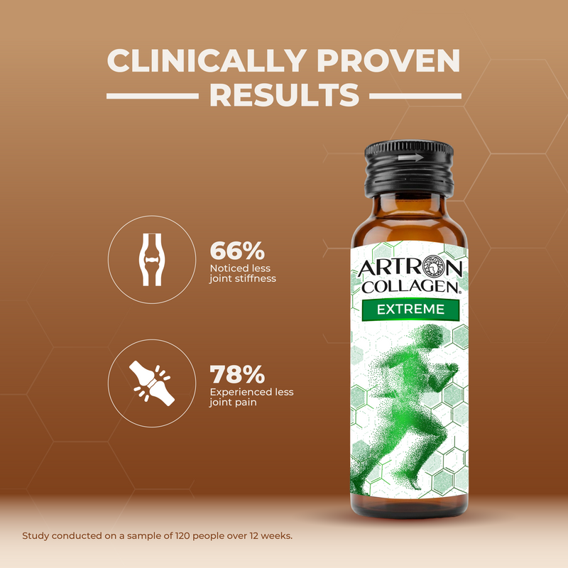 Artron Collagen Extreme bottle with clinical benefits on a brown background