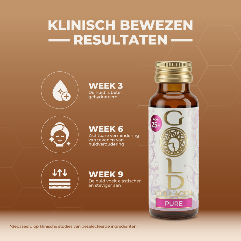 Bottle of 'GOLD' skincare product with hydration benefits displayed on a brown background