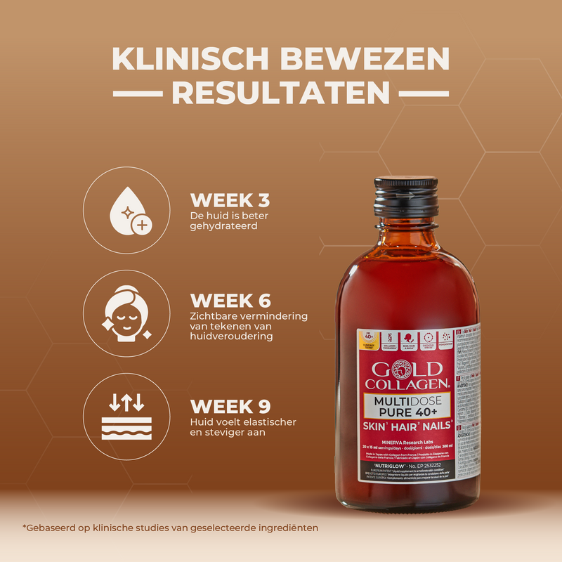 Bottle of Gold Collagen supplement with text on a brown background