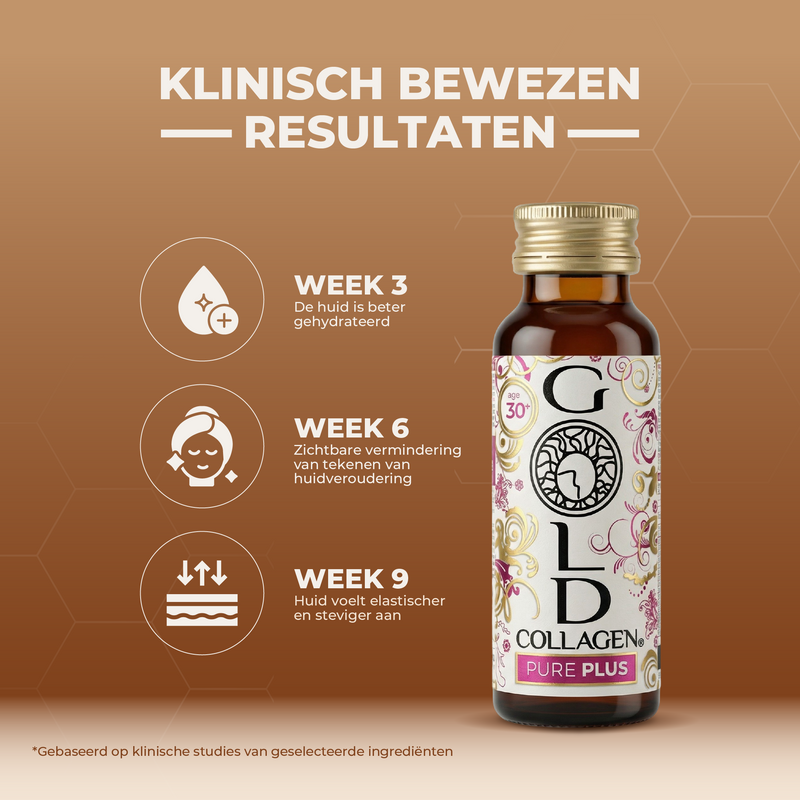 Gold Collagen Pure Plus bottle with hydration benefits on a brown background