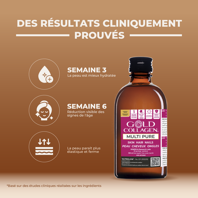 Bottle of Gold Collagen Multi Pure with clinical results claims on a brown background
