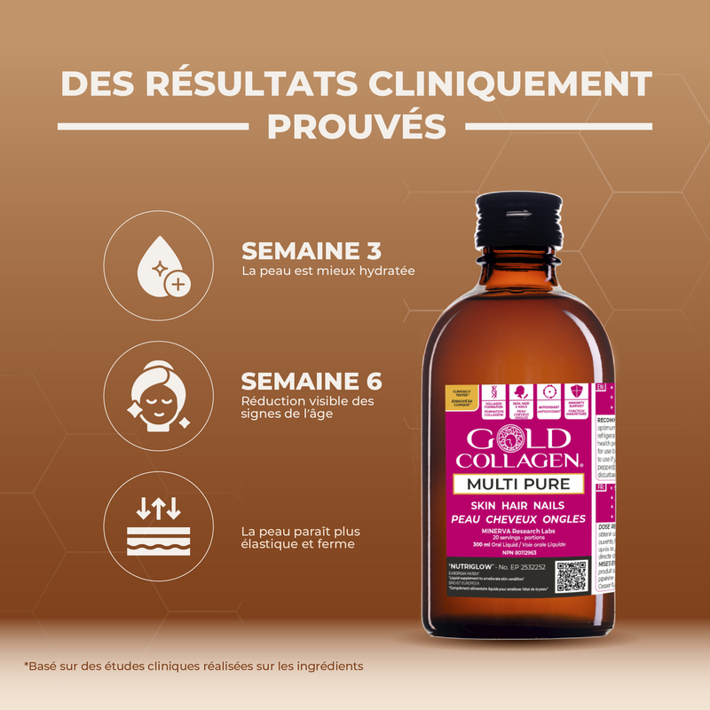 Gold Collagen Multi Pure bottle with clinical results on a brown background