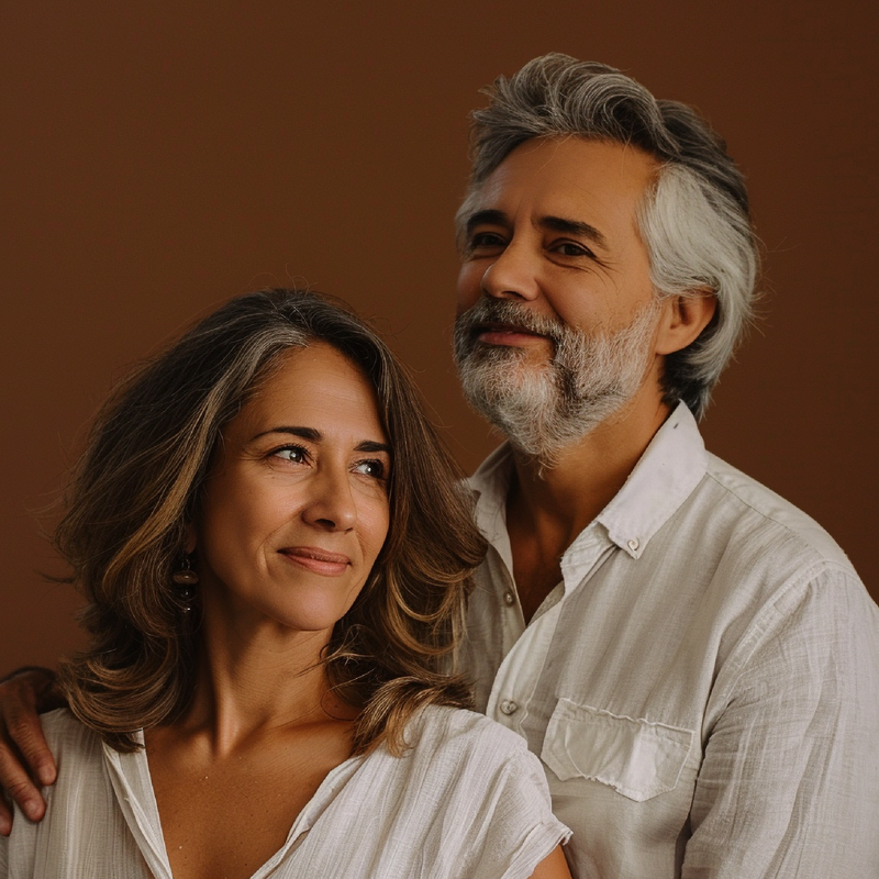 Man and woman standing close together against a brown background