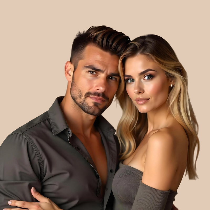 Man and woman posing closely against a beige background