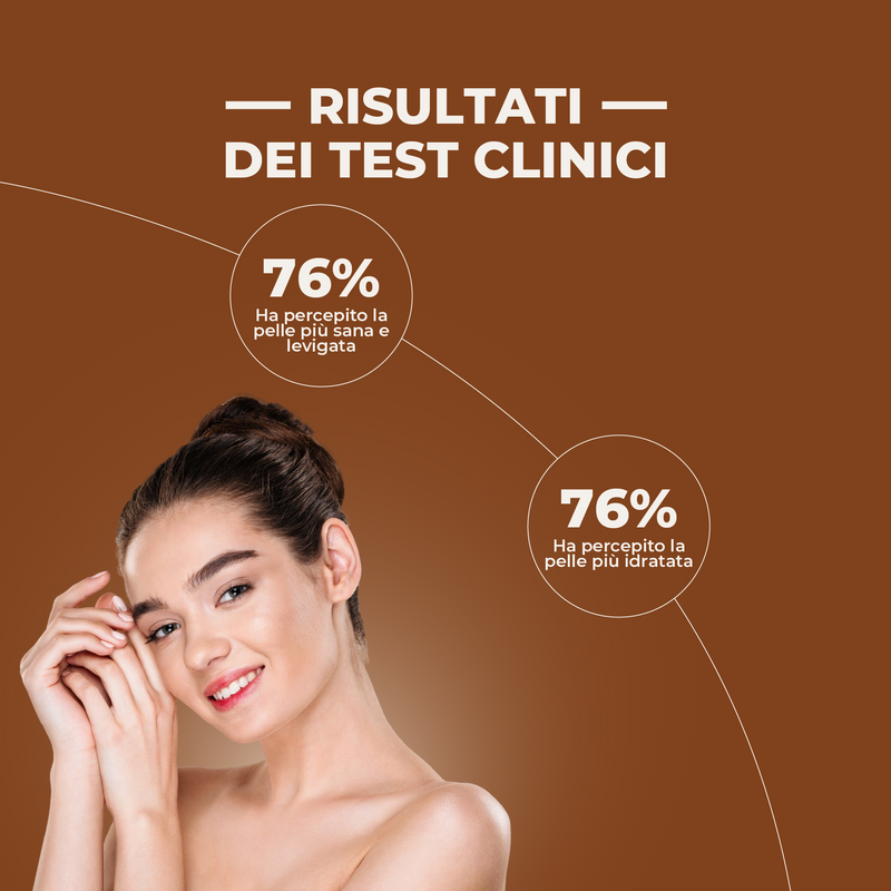 Woman with clear skin on a brown background with clinical test results.