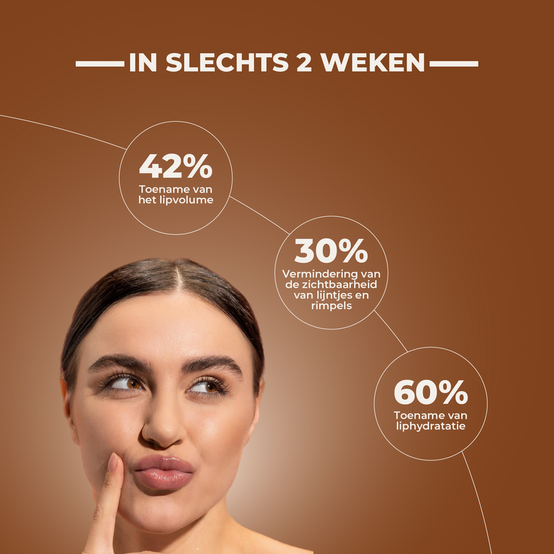 Woman pointing to her chin with cosmetic product benefits displayed on a brown background