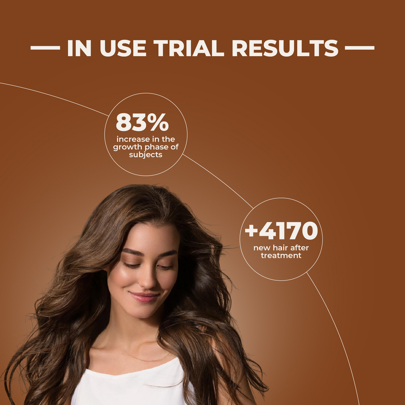 Woman with long hair against a brown background with text about trial results.