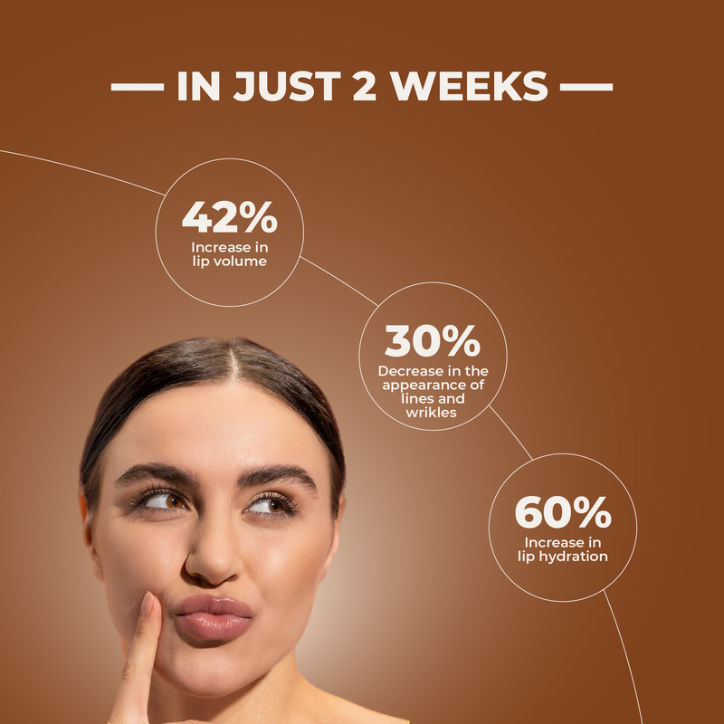 Woman pointing to her lips with skincare product benefits displayed on a brown background