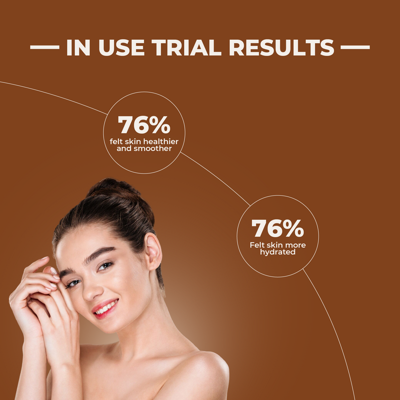 Woman with clean skin on a brown background with skincare trial results text
