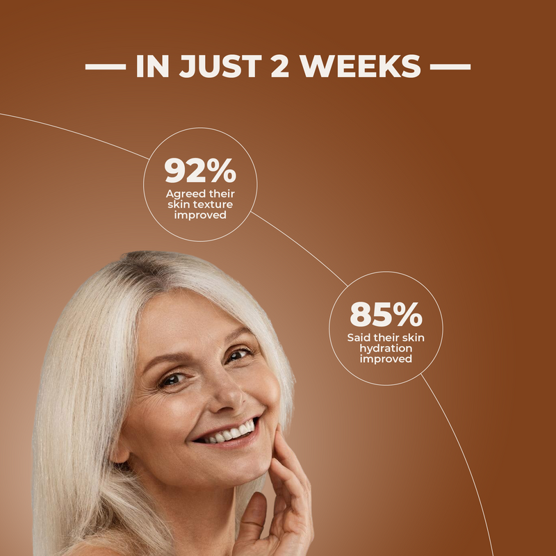 Woman with white hair smiling, with text indicating skin improvement statistics on a brown background