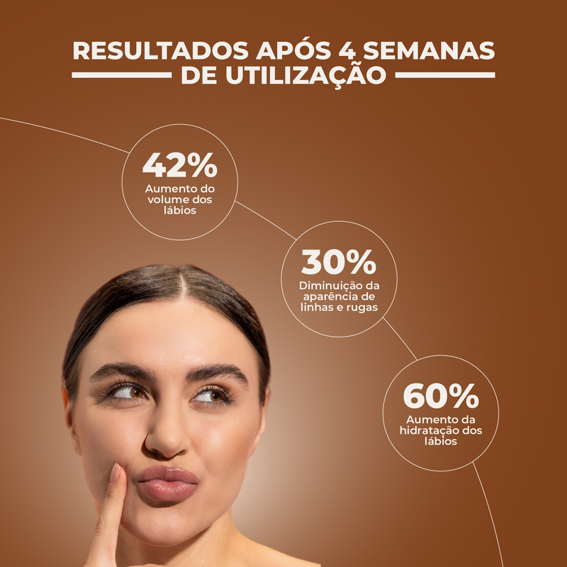 Woman pointing to her lips with cosmetic product results shown on a brown background