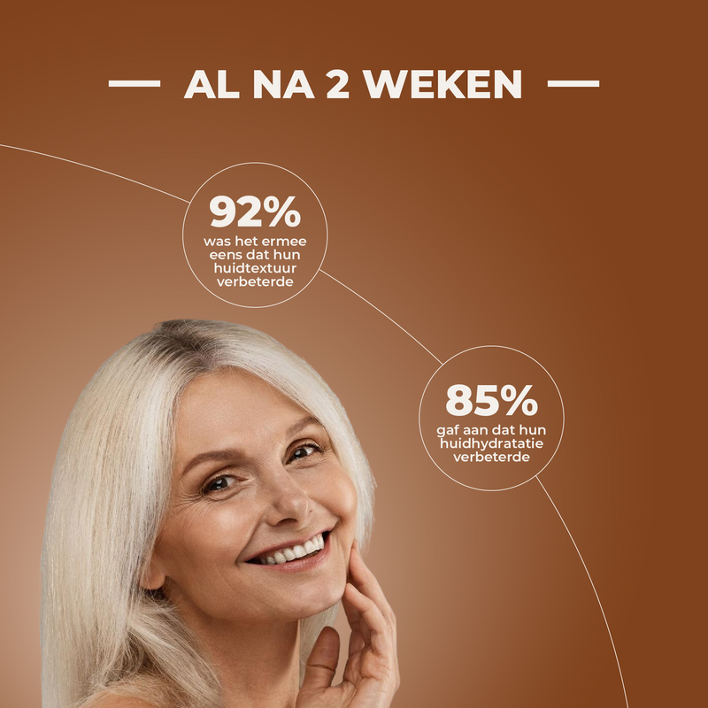 Woman with white hair smiling on a brown background with skincare product text