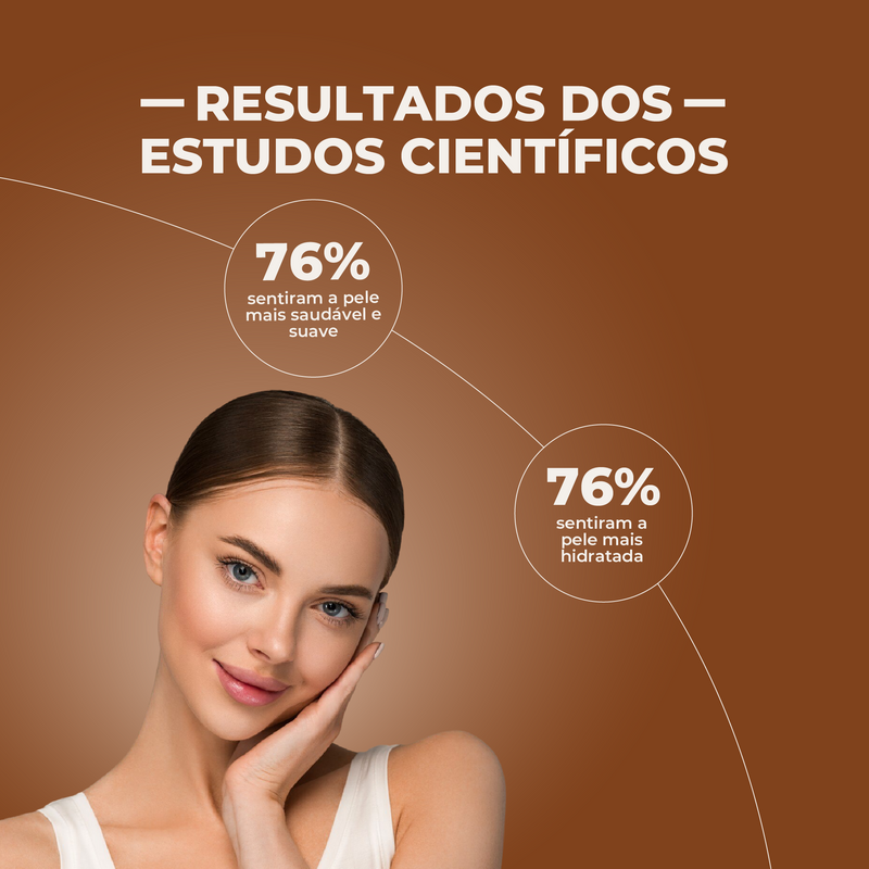Woman with a brown background and text about scientific study results on skin health.