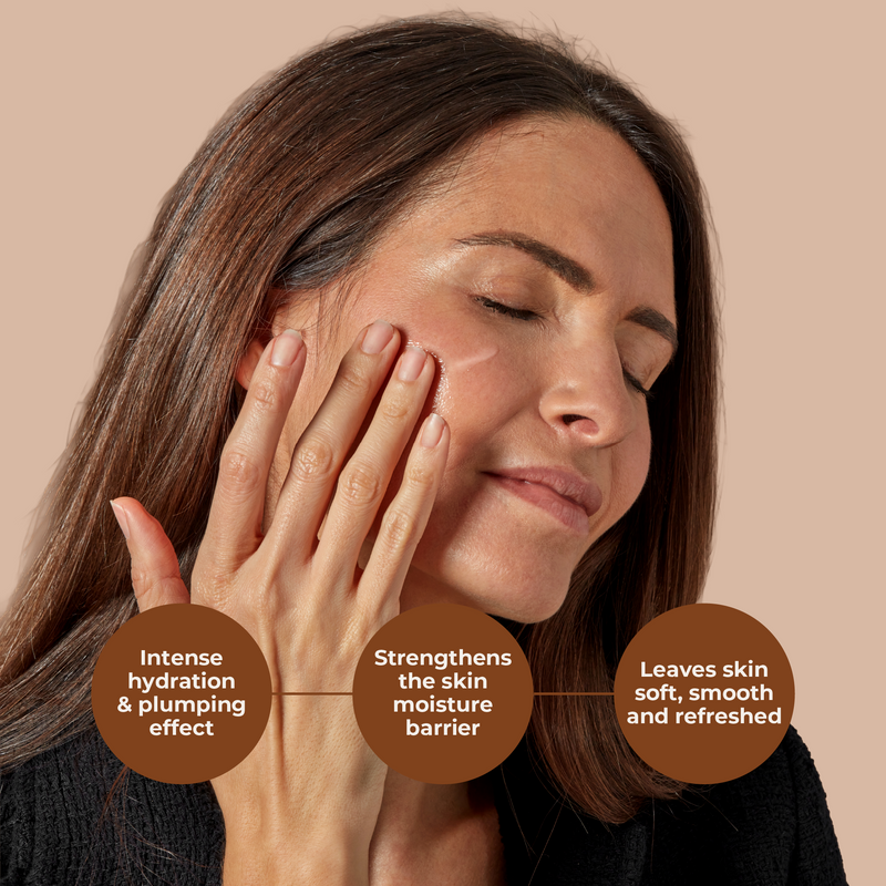Woman touching her face with text highlighting skincare benefits on a beige background