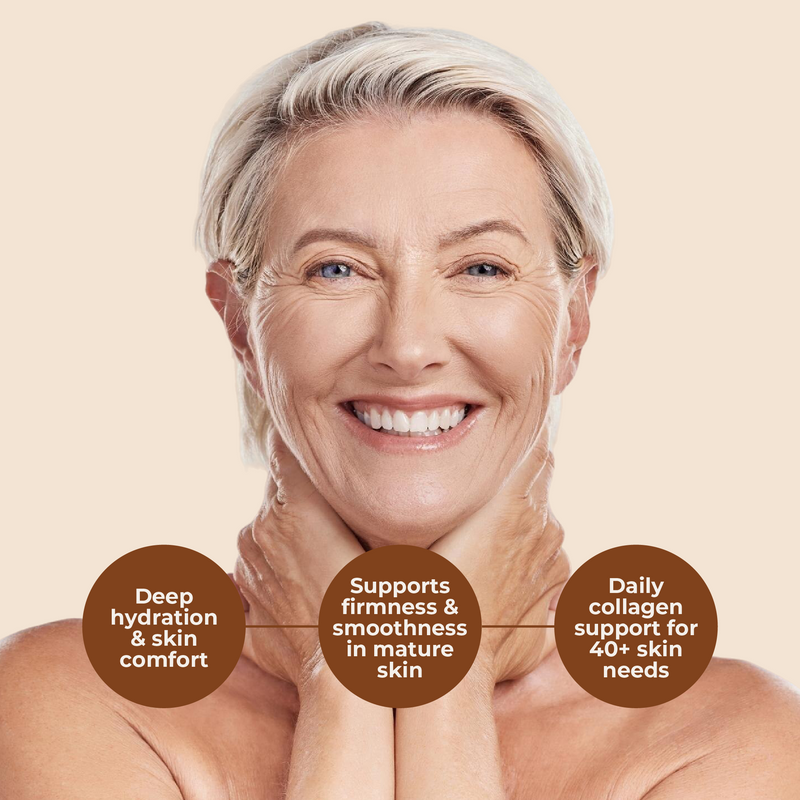 Woman with smooth skin on a beige background with text about skincare benefits.