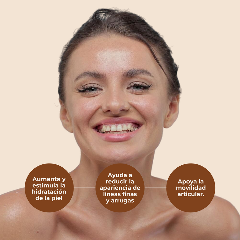 Woman with a smile on a white background with text in Italian about health benefits.