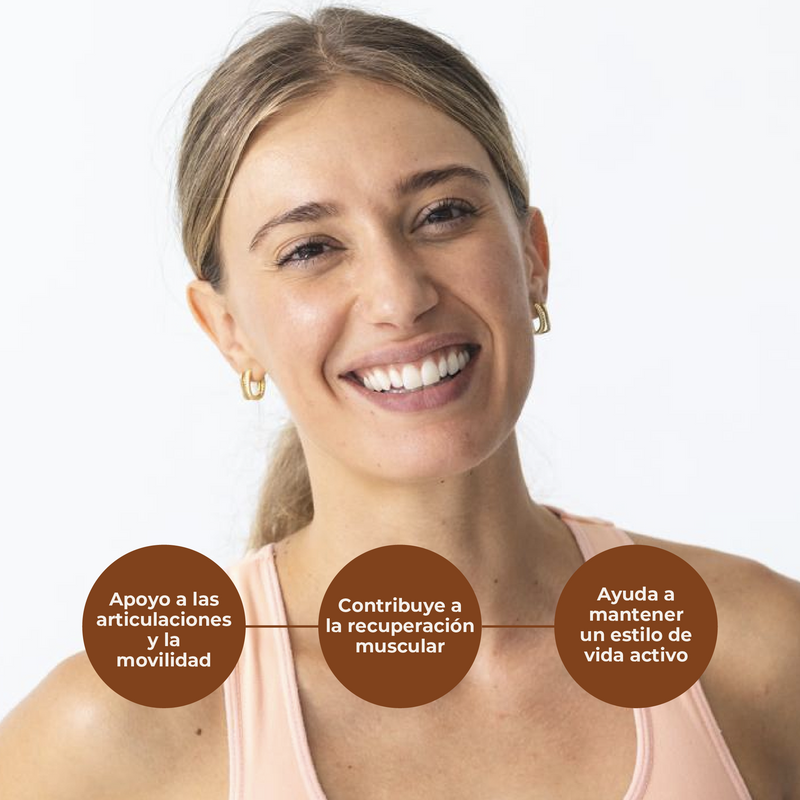 Woman with a smile, wearing a pink tank top, on a white background with text in Spanish.